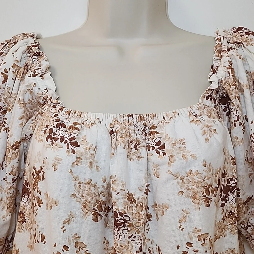 Abercrombie & Fitch  Puff-Sleeve Cream,Tan, Brown Blouse Romantic Sz XS
